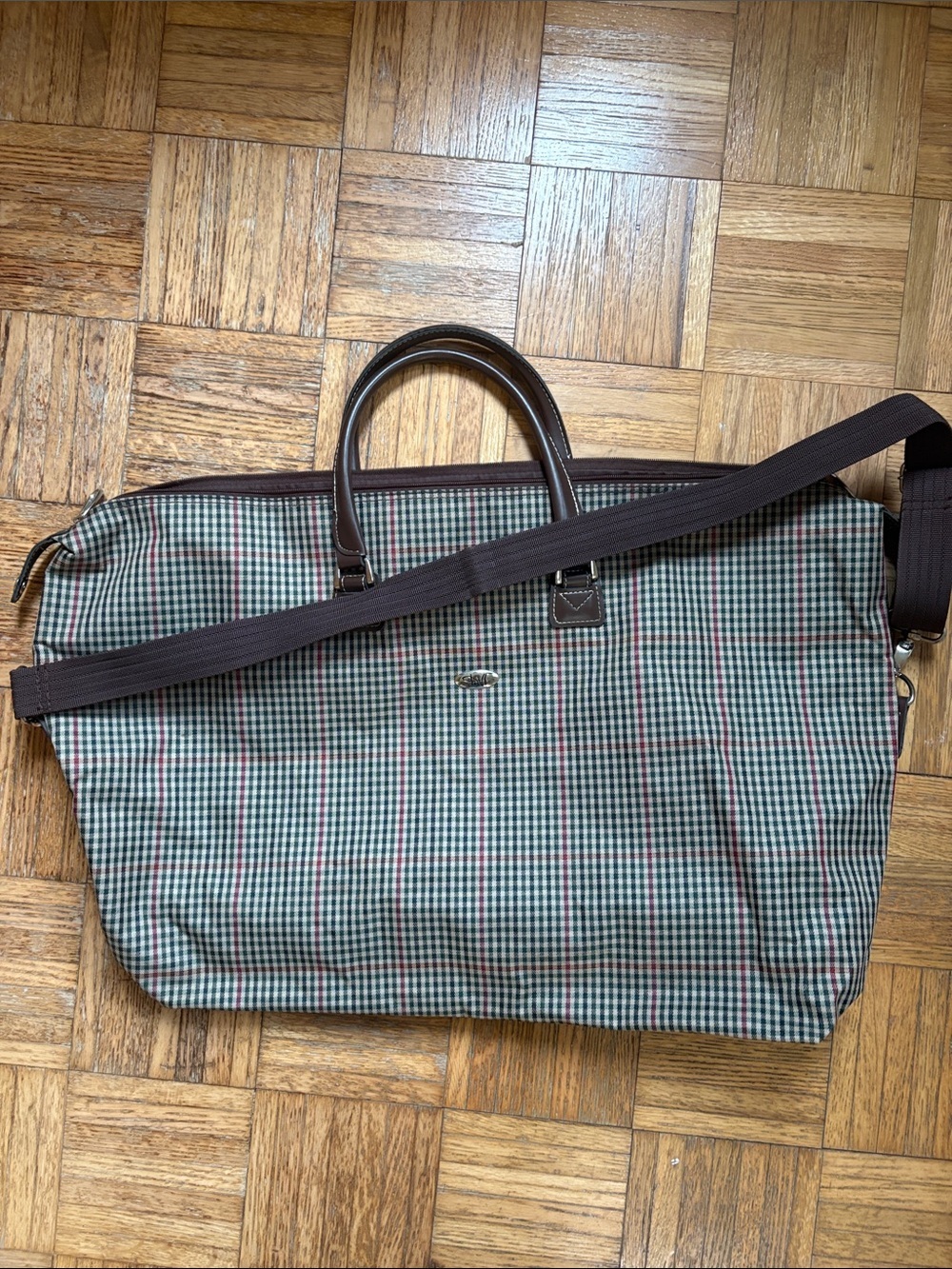 Diane von Furstenberg (DVF) weekender duffel bag plaid pattern with brown trim